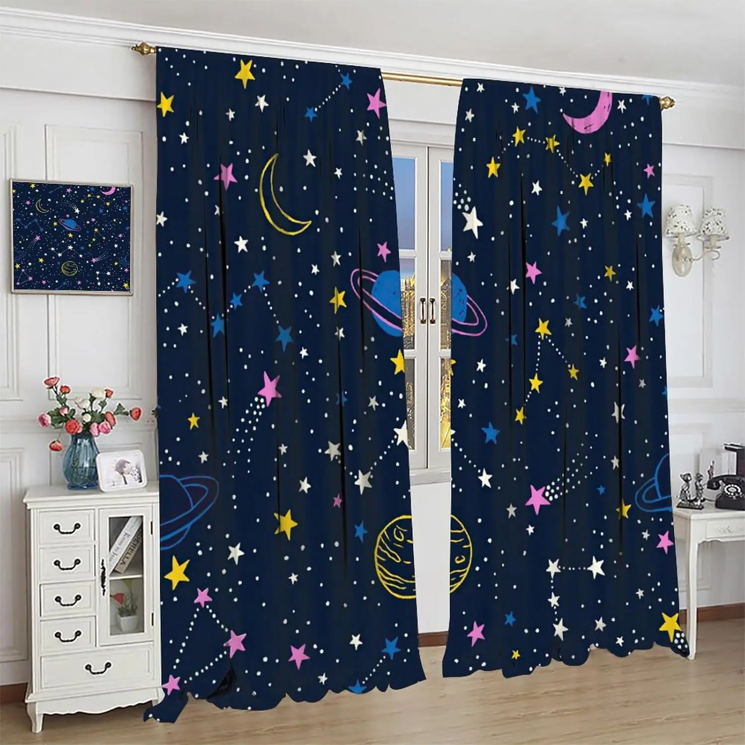 Star Blackout Curtains, Cartoon Fantasy Galaxy Stars Sparkling Outer Space Moon Planets, Kids Boys Bedroom Living Room Curtains