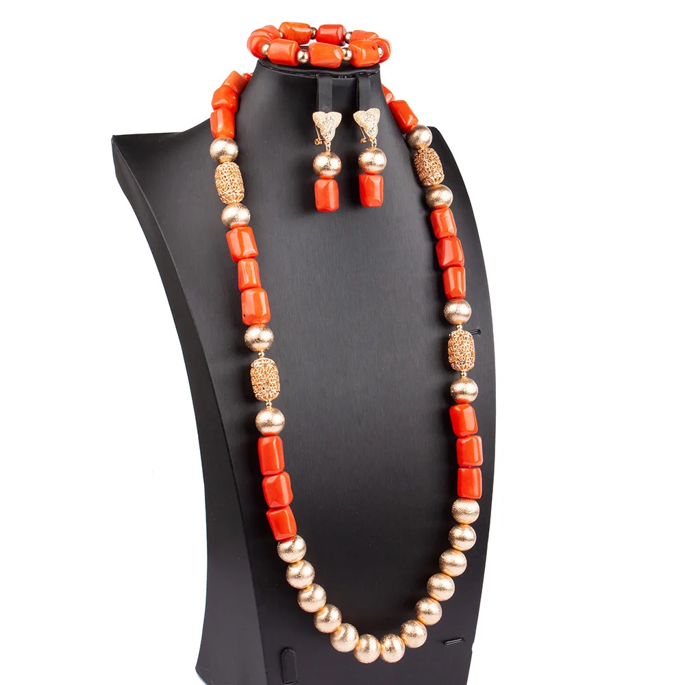 

New 32 inches Original Coral Beads African Jewelry Set Single Layer Nigerian Wedding Bridal Coral Jewelry Set Gift ABG182