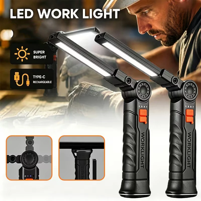 Foldable LED Work Light, Type-C USB Rechargeable Magnetic Base Worklight, 360 Degree Rotating Multi-Angle Adjustable Handheld