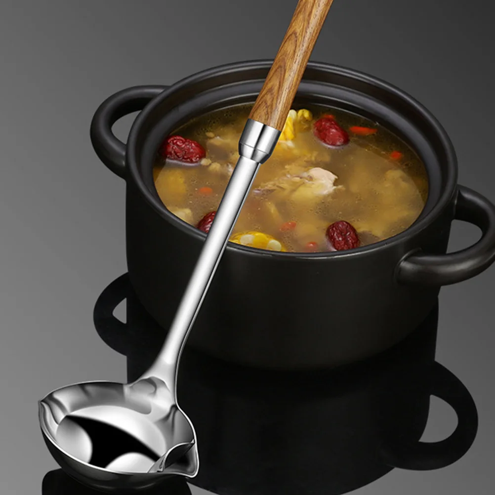 

1Pcs Stainless Steel Oil Filter Spoon Wood Handle Oil Separator Ergonomic Long Handle Kitchen Scoop Soup Ladle