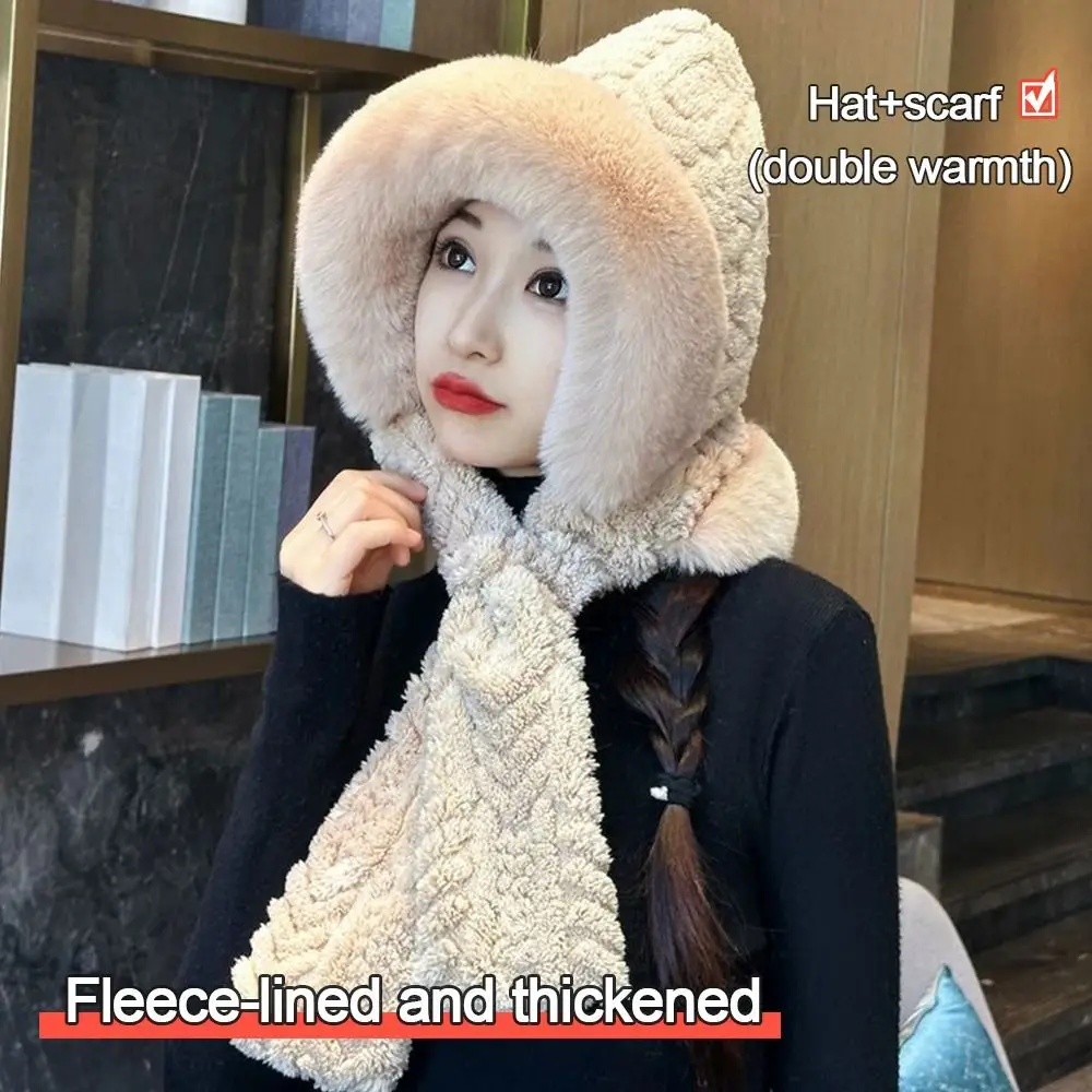 

Cute Plush Winter Integrated Cap Scarf Windproof Thickened Ear Protection Hat Soft Warm Neck Warmer Outdoor