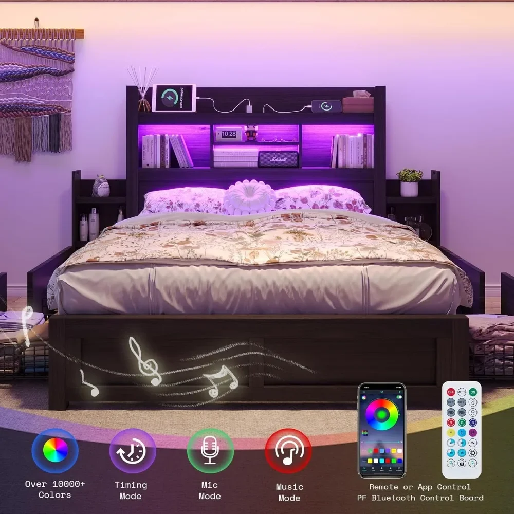 Queen Bed Frame with 49.6" Bookcase Headboard & 2 Bedside Stoage Racks & Drawers,Wood Bed Frame with RGB LED & Charging Station