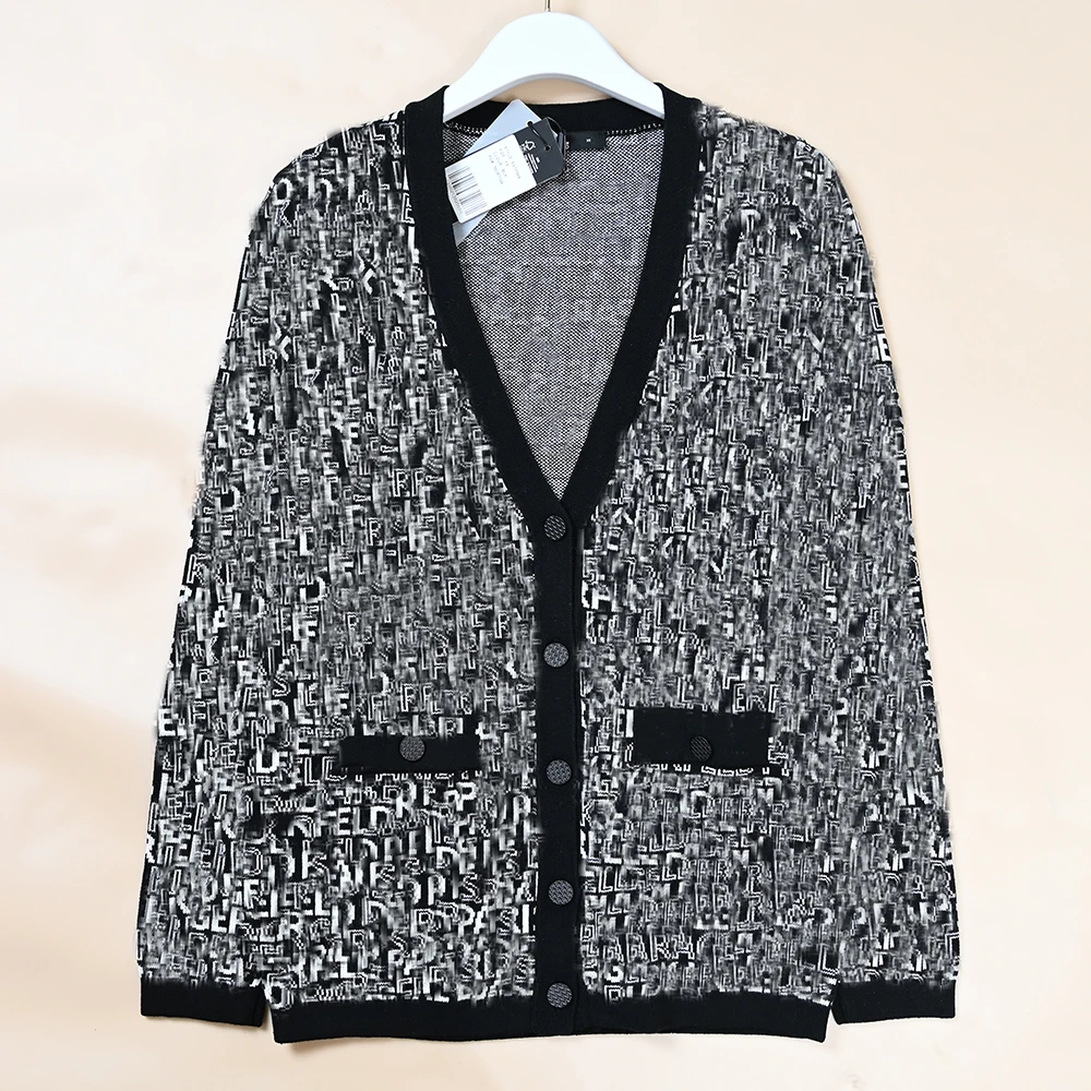 

American Style Women's Knitted Long Sleeve V-Neck Letter Pattern Open Cardigan Spring Autumn New Style Button Detail