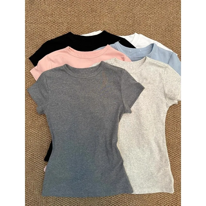 

Drop-Shipping Right Shoulder Short-Sleeved Women Summer Slim Hot Girl Bottoming Inner Wear Slimming Top Round Neck