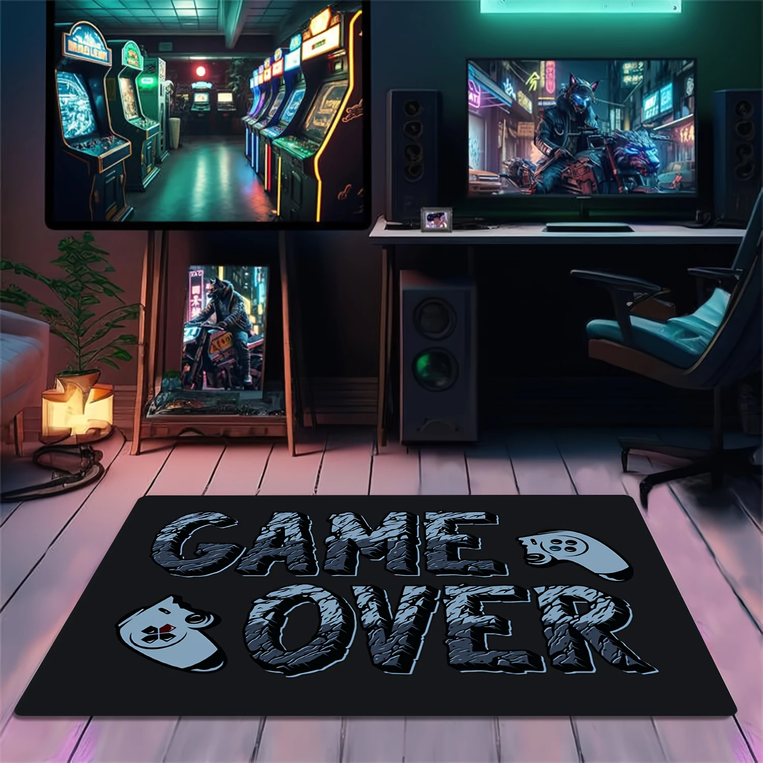 VIKAMA GAME OVER Gaming Controller Rug, Non-Slip Water-Absorbent Bathroom Mat, Modern Esports Room Entryway Rug, Home Decor
