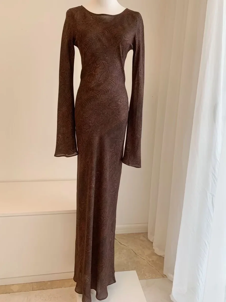 Snake Patterned Women 100% Silk Robe O-Neck Long Sleeve Elegant Slim Maxi Dress