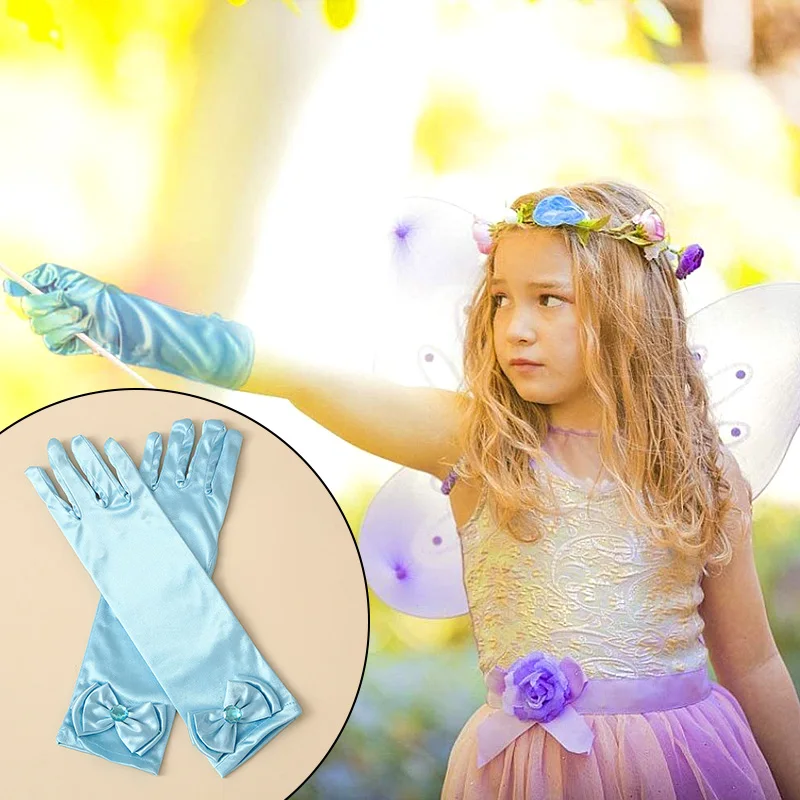 Girls Princess Accessories Kids Satin Bow Elsa Cinderella Gloves for Costume Children Birthday Halloween Party Cosplay Gift