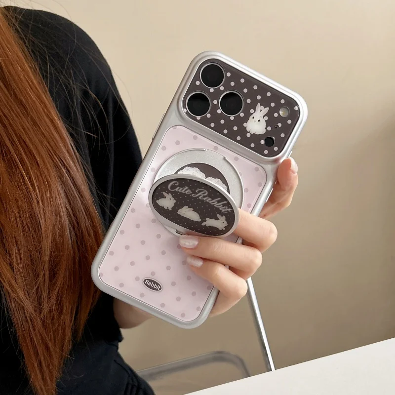 

Korean Polka Dots Cute Rabbit Mirror Stand Phone Case For iPhone 17 Pro 16 15 Pro Max 16 Pro Back Cover with Holder Protective C