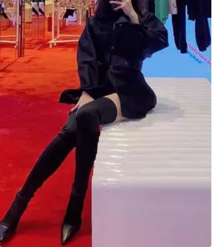 

Drop Shipping Women Sexy Black Leather Small Buckle Patchwork Pointed Toe Slim High Heel Over The Knee Thigh Long Socks Boots