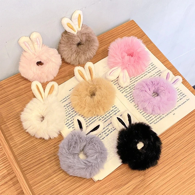 Mädchen Süße Nachahmung Kaninchen Pelz Kaninchen Ohren Elastische Haar Bands Frauen Pelz Flauschigen Haar Ringe Plüsch Scrunchies Haar Zubehör – Detail 4
