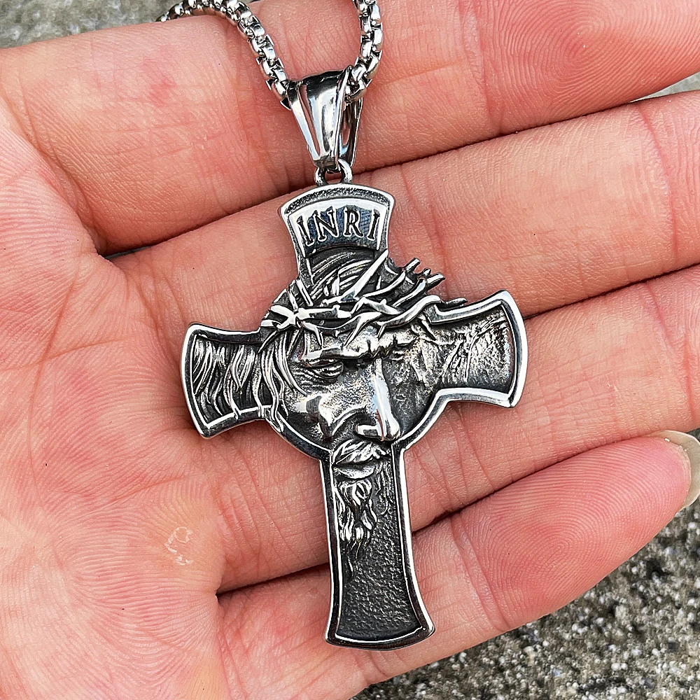 316L Stainless Steel Jesus Face Cross Pendant Necklace Men Boy Vintage Catholic Cross Jesus Necklace Chain Amulet Jewelry Gift