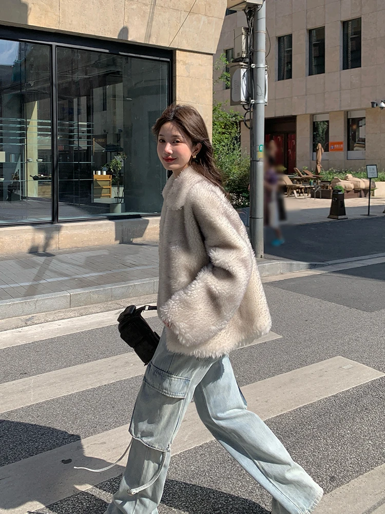 

LM Зимняя женская шуба из овечьего меха, жилет из овчины Inteated Long Sve ort Sle Stand Version Commute Faion