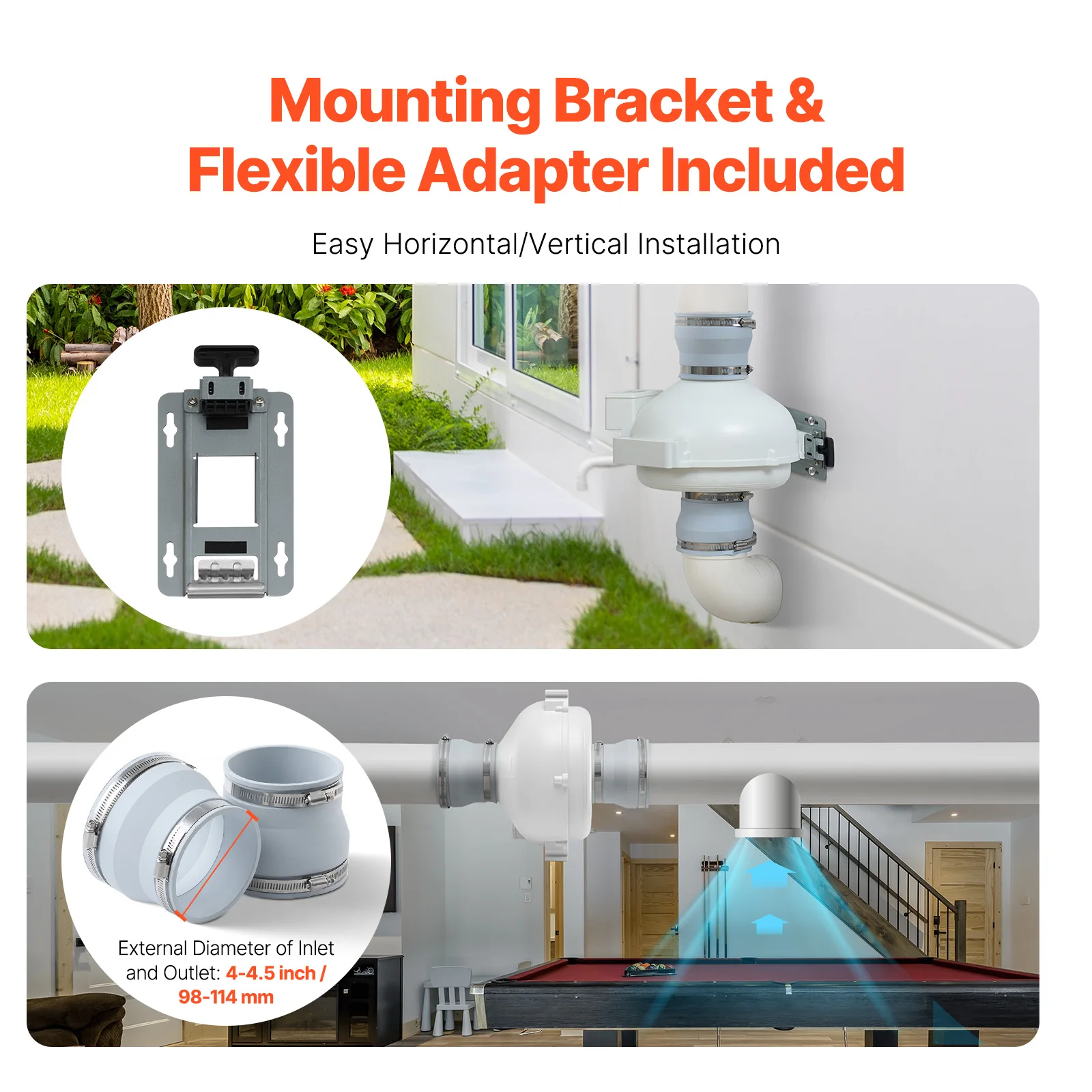 طقم تركيب مروحة رادون VEVOR طقم نظام مروحة تخفيف الراديون الهادئ مع مؤشر مقاوم للماء للتهوية الداخلية والخارجية