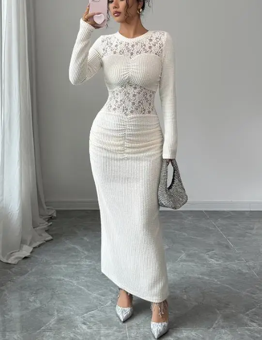 

2025 Autumn/Winter New Women's Fashion Elegant High end Lace Long Sleeve Wrapped Hip Skirt Women's Wear