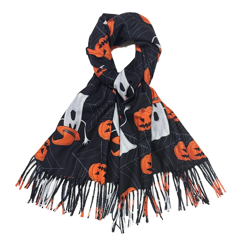 70x176cm Halloween Double-Sided Monochrome Pumpkin Ghost Print Scarf Tassel Spider Web Print Shawl Warm Imitation Cashmere Scarf