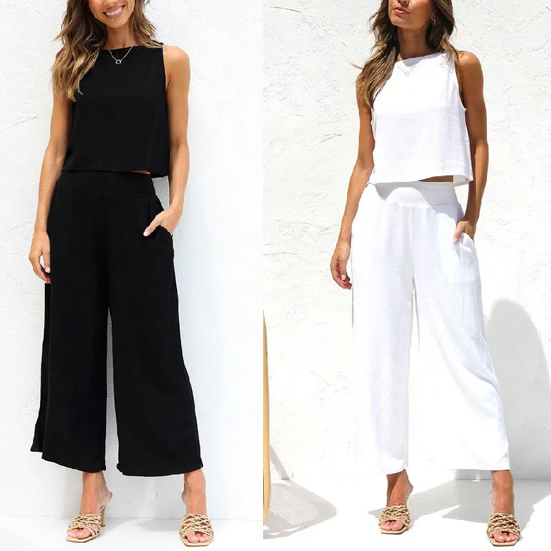 Women's Casual Suit Sleeveless Buttoned Vest + Nine-point Double Pocket Wide-leg Pants Two-piece Suit 2024 New Women's Clothing