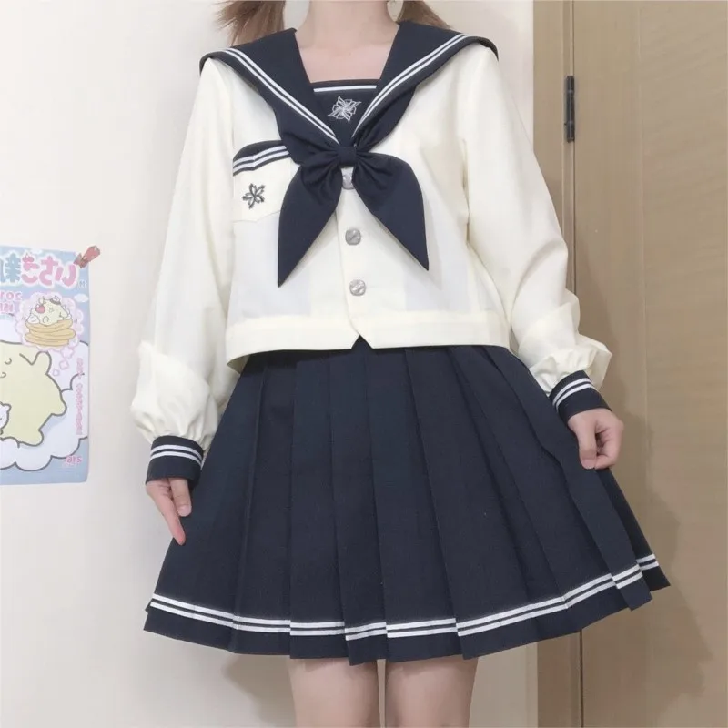 Uniforme JK autêntico japonês e coreano feminino, roupa de mão d'água, manga longa, manga curta, estilo universitário, terno de marinheiro