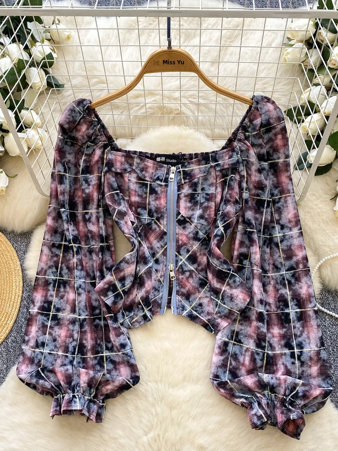 女性のチェック柄irtジッパー付きランタンスヴェスクエアカラー秋ファイオナブル多用途ハイエンド快適なフィット感韓国Sle