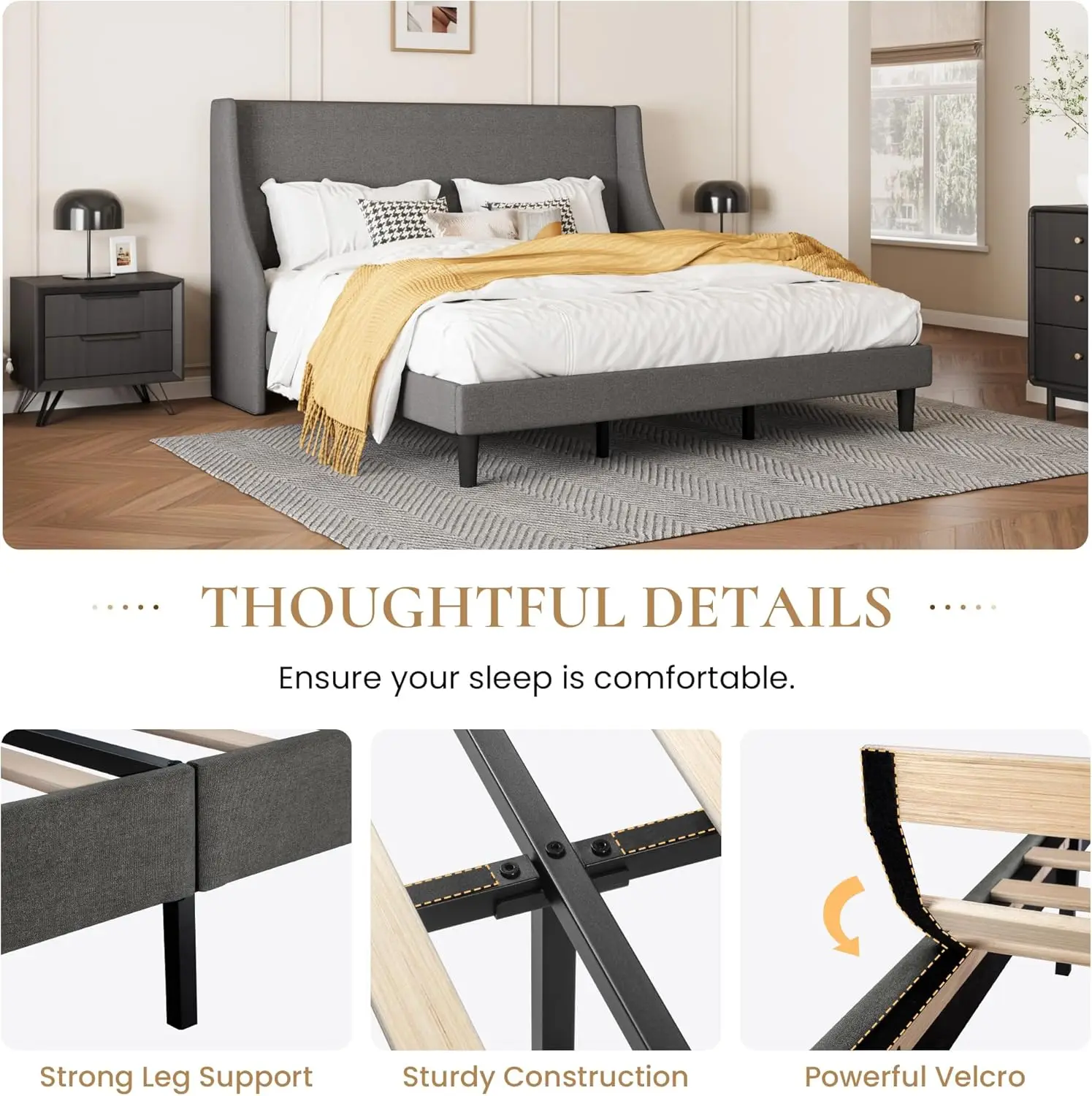 إطار سرير منجد مع لوح رأسي مجنح مبسط من قماش الكتان المسامي وشرائح خشبية صلبة سهلة التجميع باللون الرمادي الداكن