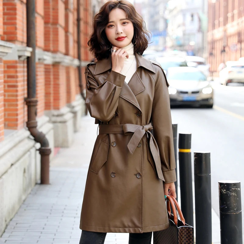 Pop Women Genuine Leather Trench Coat Spring Nice Fashion Suit Collar Medium Long Loose Sheepskin Leather Coat Casual Outerwear