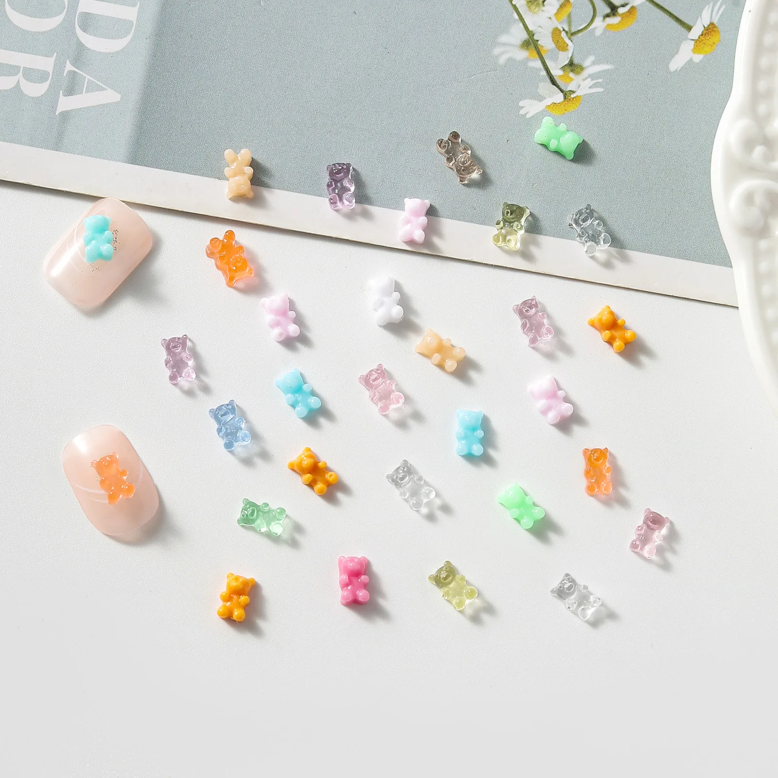 100pcs Japanese Cartoon Teddy Bear Nail Art Decoration Parts Kawaii Accessories 3D Macaron Mini Jelly Bear Resin Nails Charms