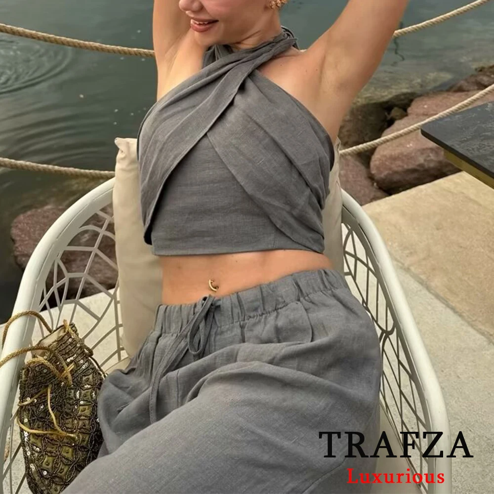 TRAFZA Streetwear Khaki Suits Women Sleeveless Halter Sexy Crop Tops Women+High Waist Wide Leg Pants Fashion 2024 Sets