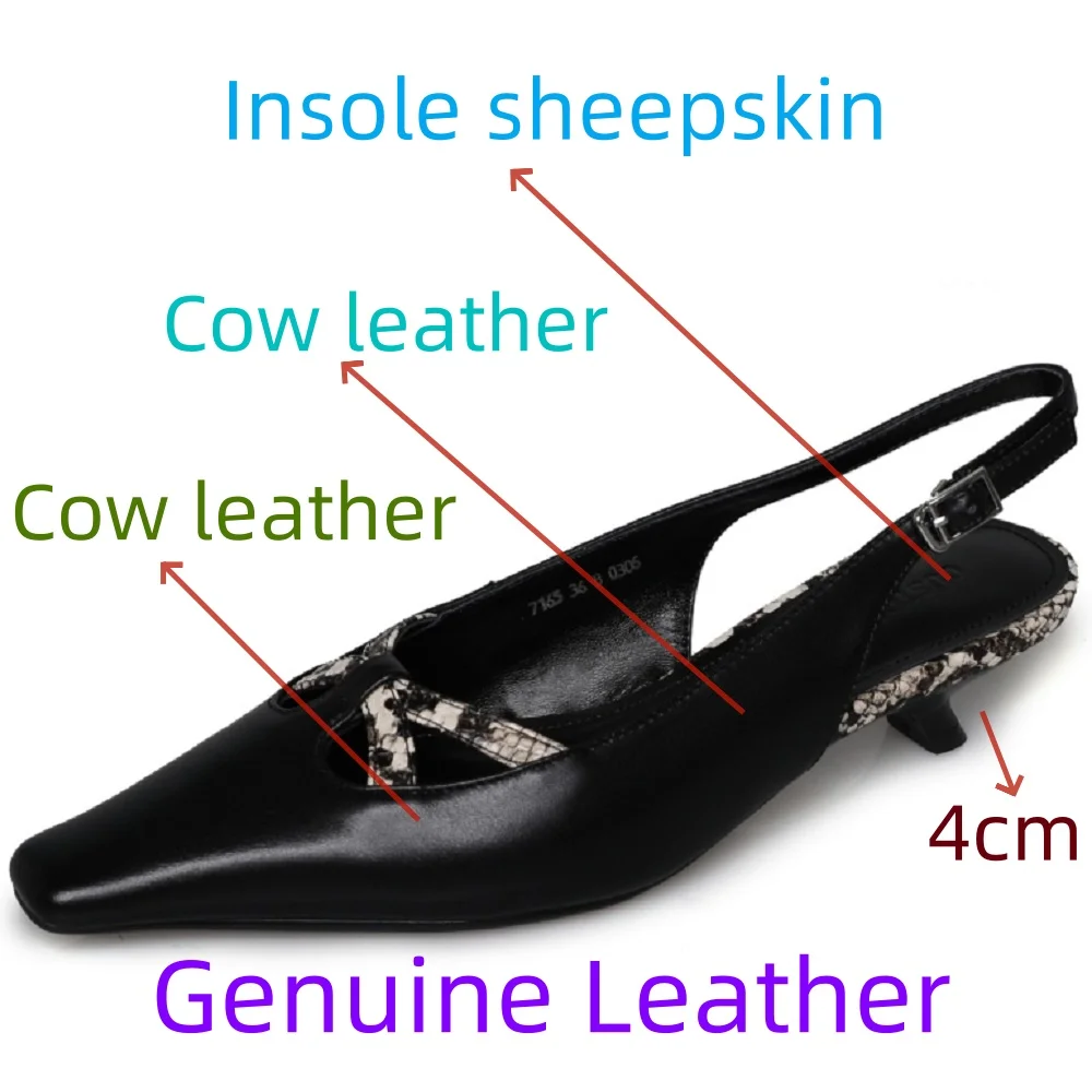 【JOCHEBED HU】Handmade Genuine Leather Mixed Color Combinations Color Block Matched Buckle Open Top Mid Heel Shoes 34-40