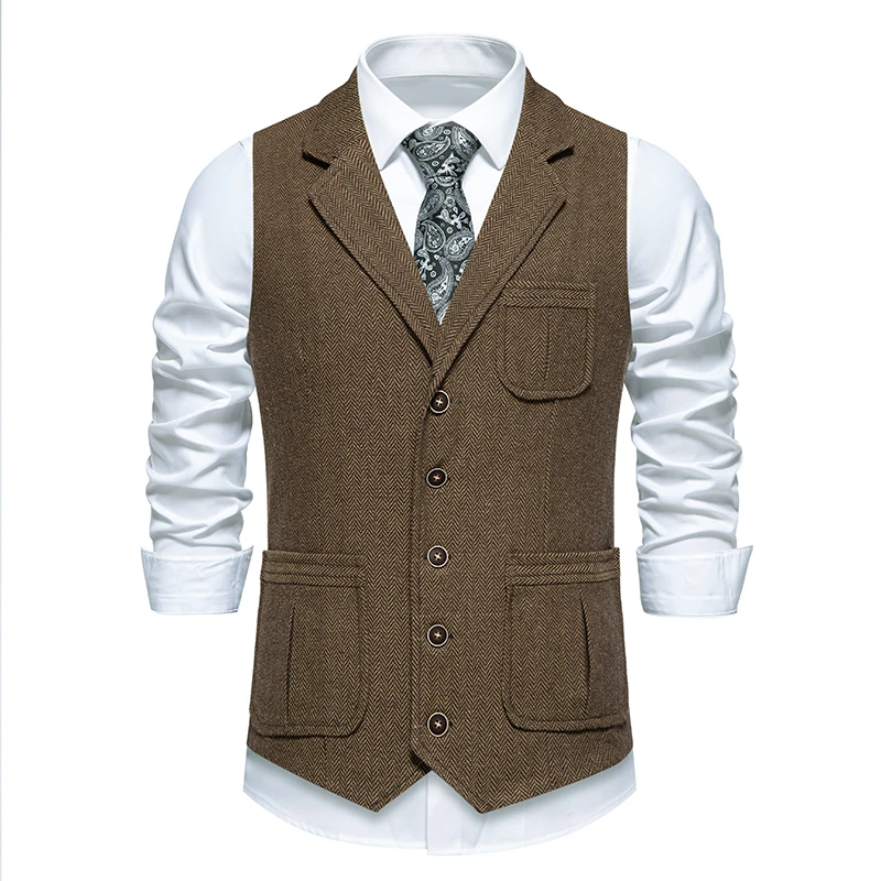 Men's Retro Lapel Multi-Pockets Vest Fashion Herringbone Coarse Tweed Suit Vest British Casual Vintage Gentleman Leisure Party