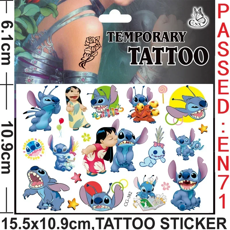 Pegatinas de tatuaje de Disney Stitch para niños, tatuajes falsos temporales, pasta en la cara, brazo, pierna, fiesta, juguete de regalo de