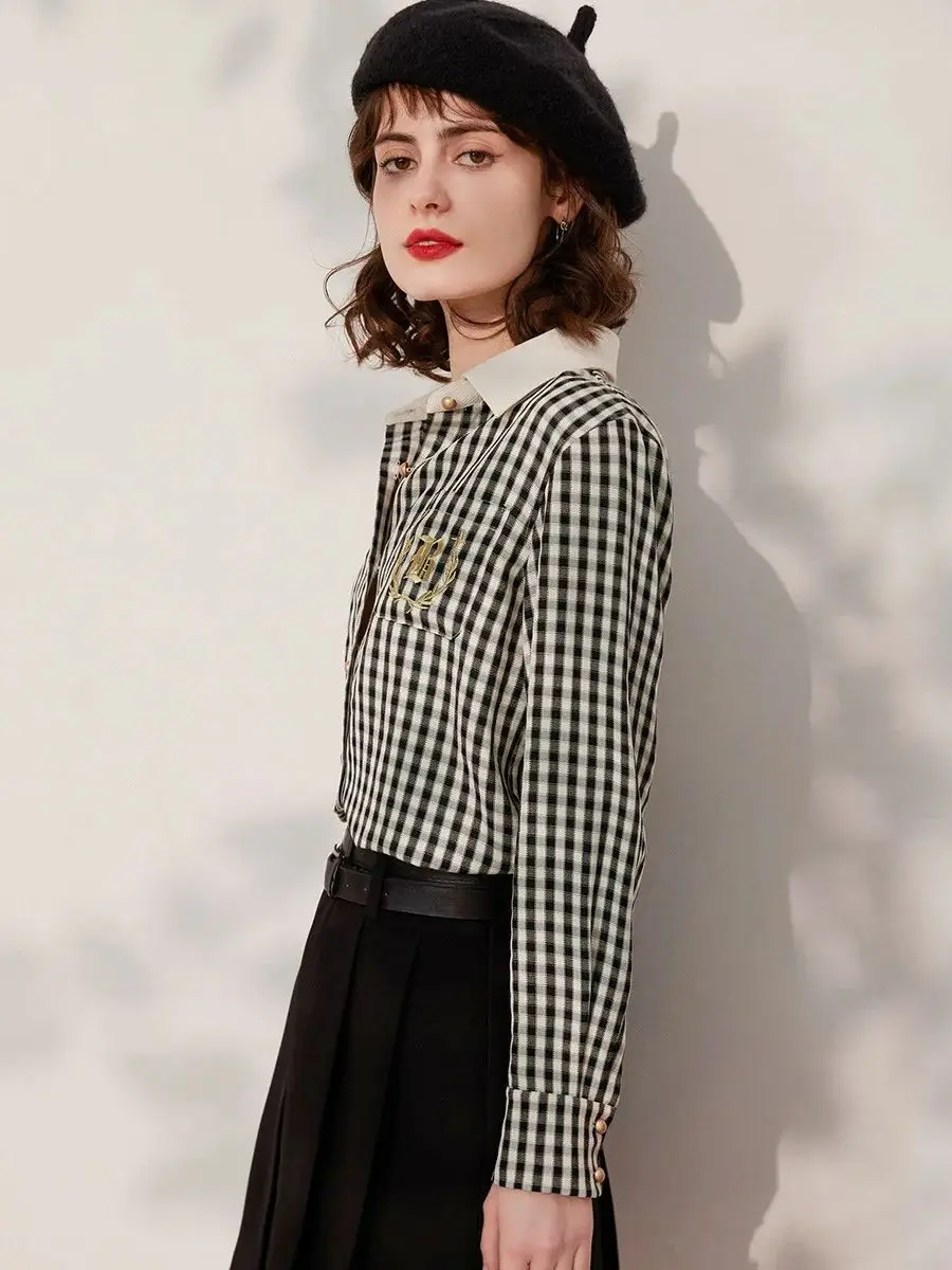 LOUIS YAO Women Plaid Shirt Turn Down Collar Long Sleeve 2024 Spring Summer Embroidery Blouse Loose Women's Top