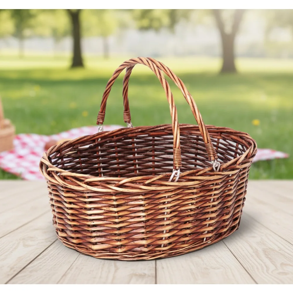 

Large Hand Woven Wicker Picnic Basket with Folding Handle - Storage, Garden Harvest, Easter Gift Basket