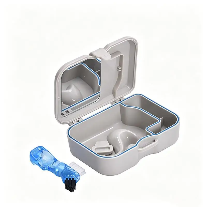 1 Set Denture Storage Box With Mirror And Cleaning Brush Portable False Teeth Container For Travel Daily Dental Care