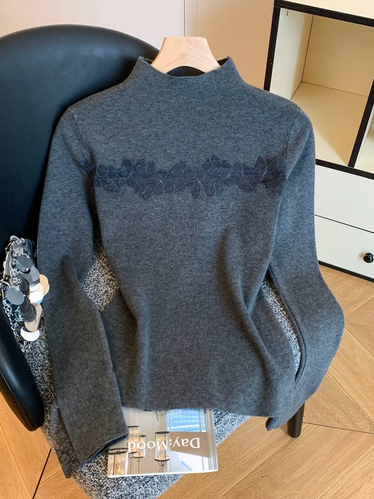 

Half high collar lace splicing knitted sweater women in winter lazy style slim fit solid color design sense pullover