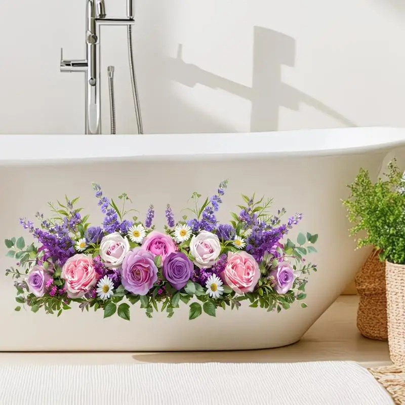 Fresh Floral Pattern Sink Area Background Wall Sticker Bathroom Wall Decoration