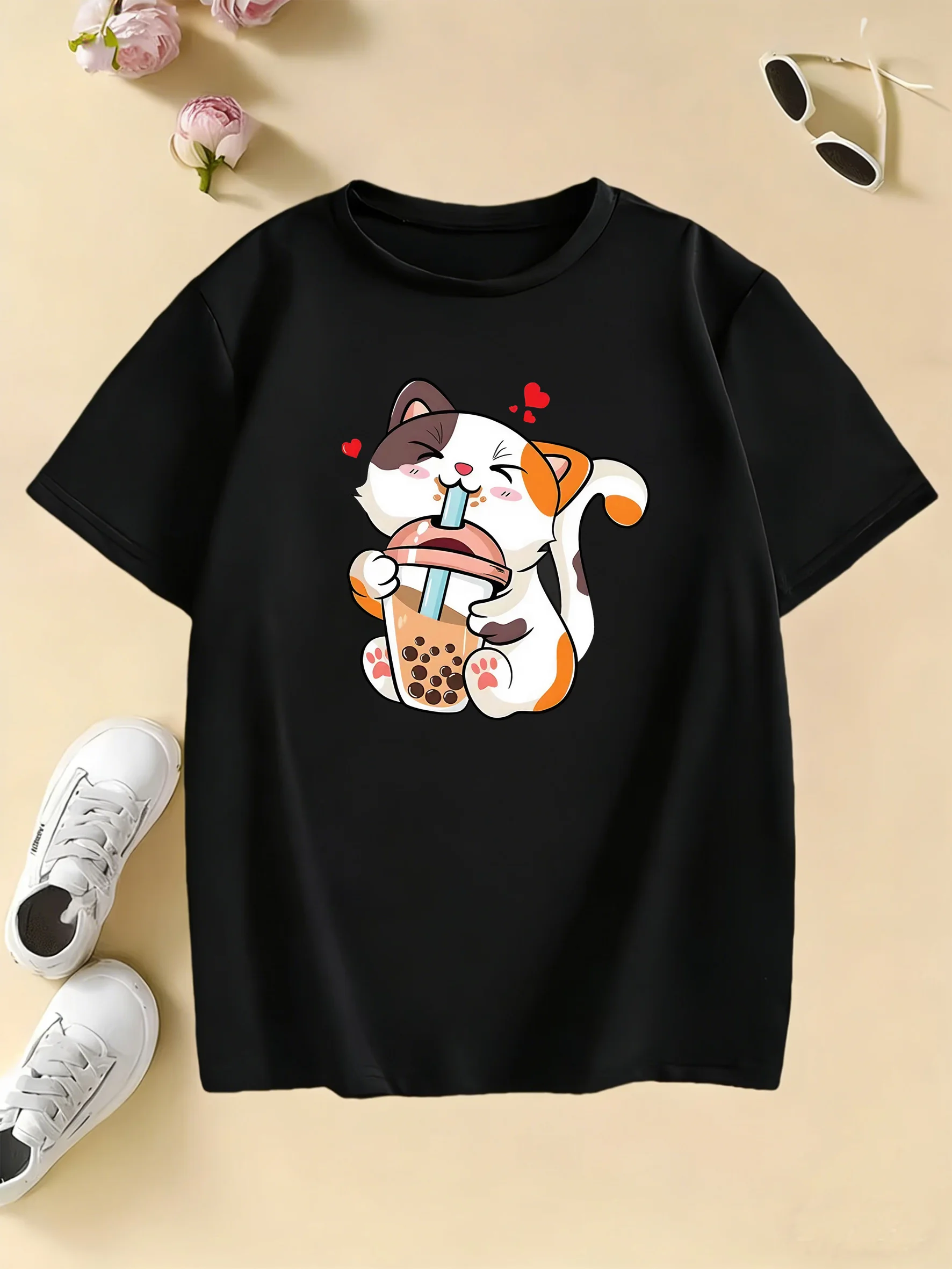 Fashion Happy Dog Drinking Juice T Shirts Short Sleeve Kids Childrean's T-shirt Boys Girls Summer Spring Casual Y2k Top Tees