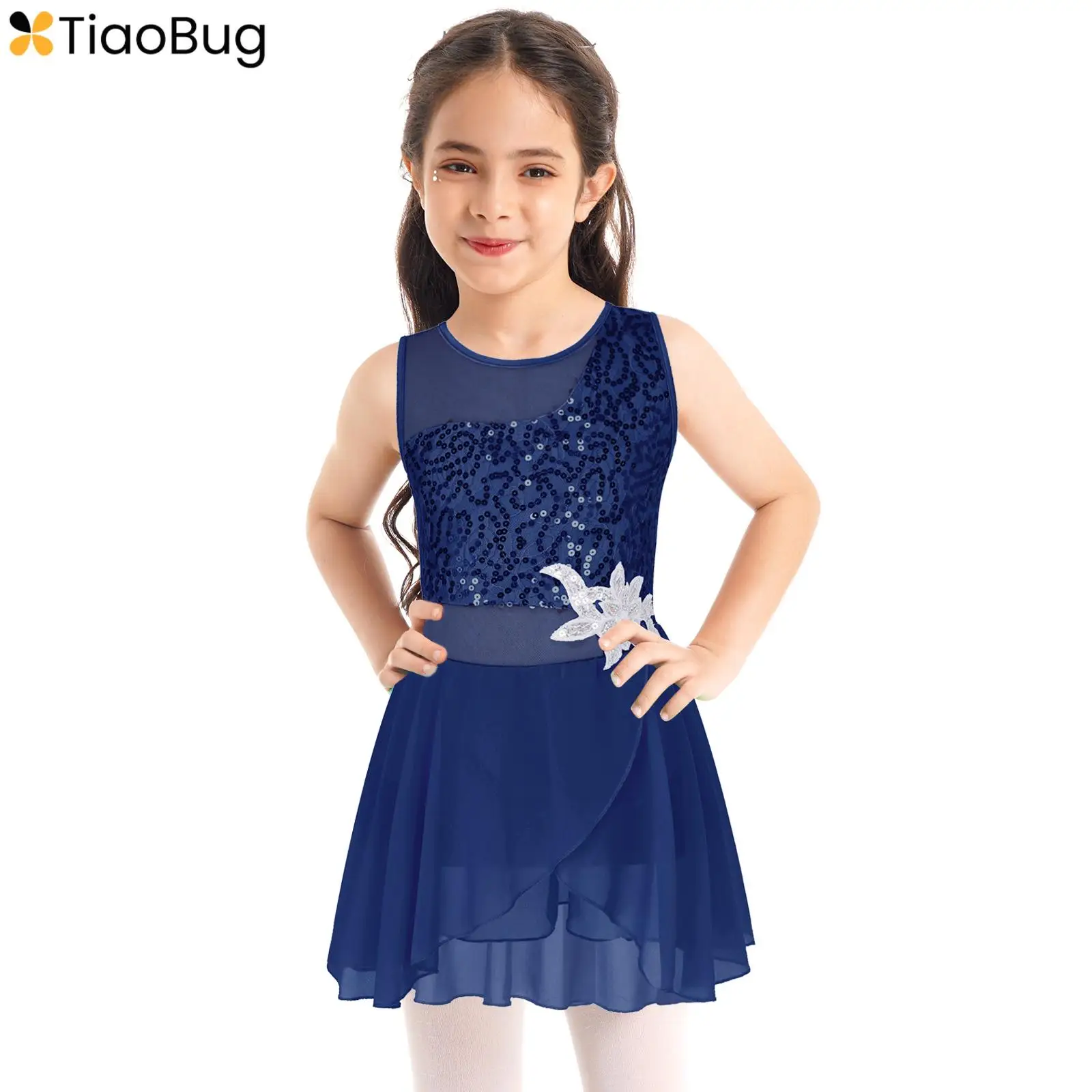 

Kids Girls Flower Sequin Shiny Sleeveless Ballet Dance Dress Chiffon Tutu Figure Ice Skating Competition Costume Dancewear