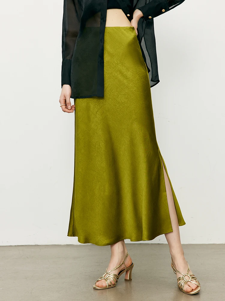 

Ele Satin Long A-Line Skirt Anti-Wrinkle Pearl Glossy Fi Tail High Waist Ci Commute Suitable Asymmetrical Polyester F...