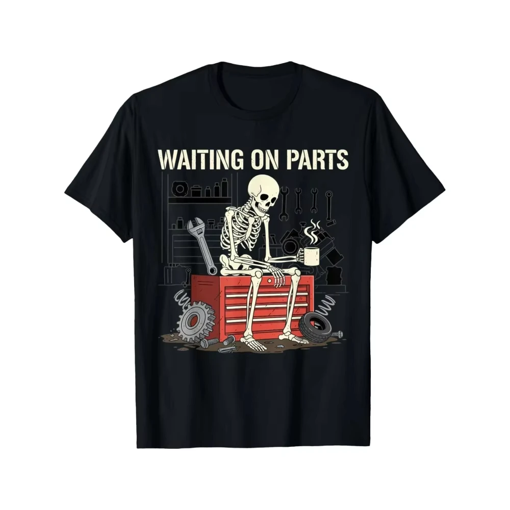 Waiting on Parts Funny Skeleton Auto Mechanic Technician T-Shirt for Men Women Couple | Trendy Tops Short Sleeve, Street Style,