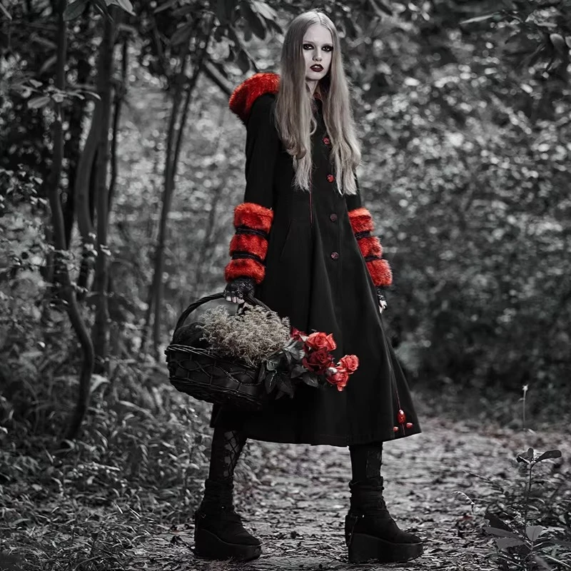 PUNK RAVE Women's Lolita Forward Reverse Two-Wear Detachable Fur Coat Hooded Long Jackets Overcoats Autumn Winter