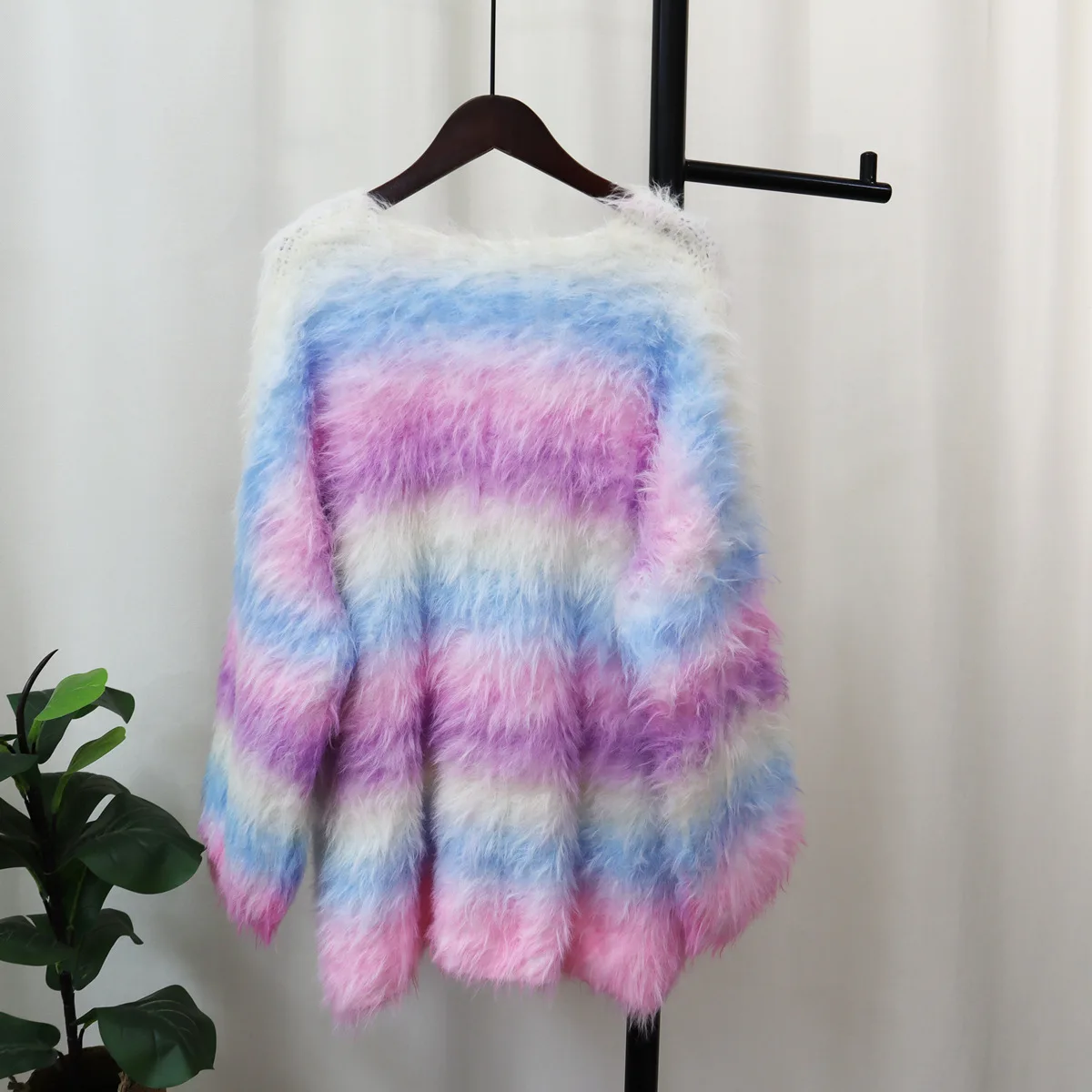 Hsa New Gradient Rainbow Color Mohair Pullover Sweater O-neck Knitted 2023 Loose Girls Sweet Knitwear Loose Long Sleeve Chic Top