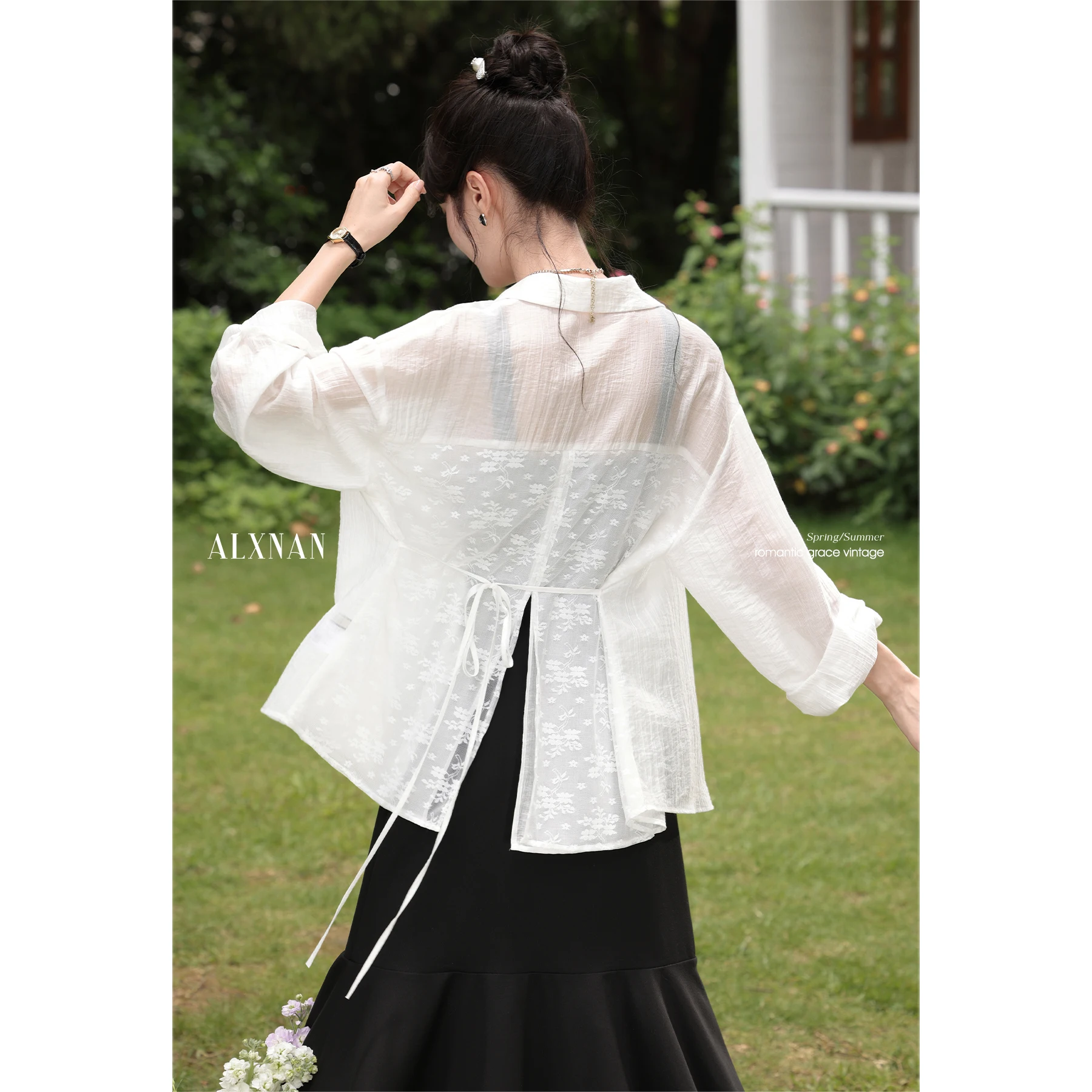 

ALXNAN Women's Shirt White Back Split Embroidery Elegant Long Sleeve Shirt 2025 Summer Casual Loose-fit Office Lady Top L55889CS
