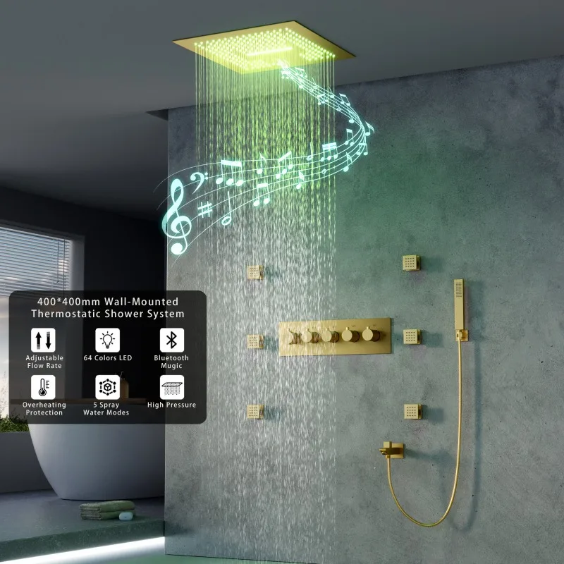 Embedded 400 * 400mm brushed gold LED music shower top spray bathroom constant temperature concealed shower set