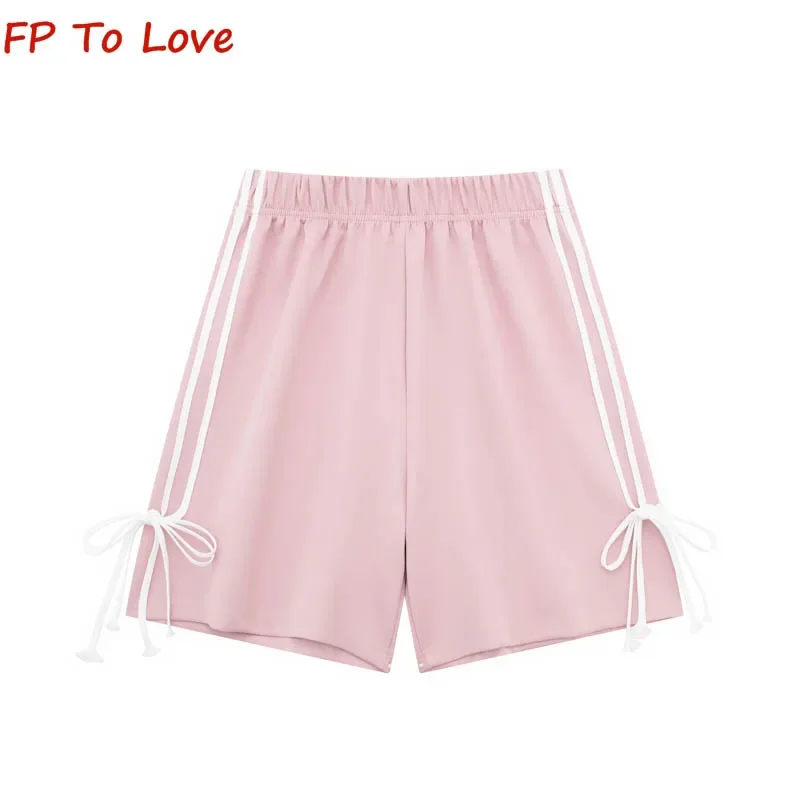 Y2K 2024 Summer Elastic Waist Bow Tie Casual Sports Shorts Women Side Spelling Stripe Wide Leg Pants