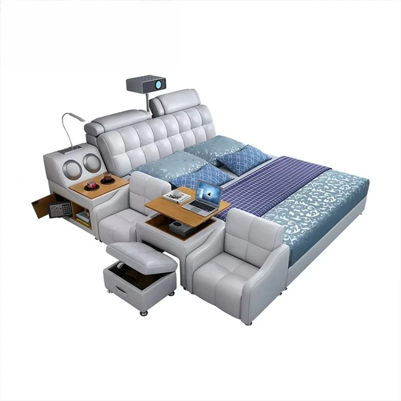 

Modern Smart 1.8m King Leather Bed Leisure Modern Tatami Storage Multifunctional Master Bedroom with Projector