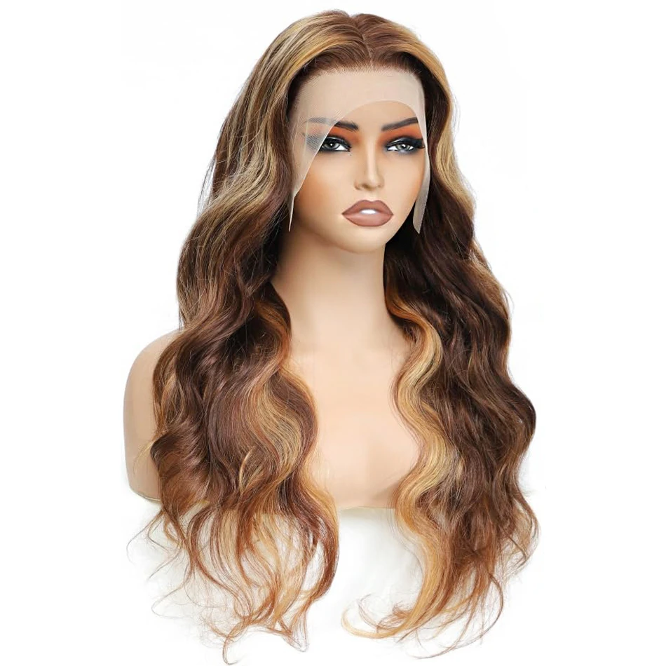 Resaltar peluca con malla frontal 13X4 cabello humano Ombre P4/27 pelucas frontales de encaje rubio miel de color para mujeres peluca de cabello Real 180% ondulado