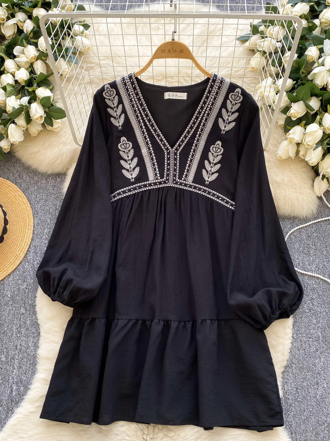 Ele Sweet Embroidered Heavy Work Loose Fitting Lantern Sve V Ne a Line  Dr for Women Spring Commute Sle