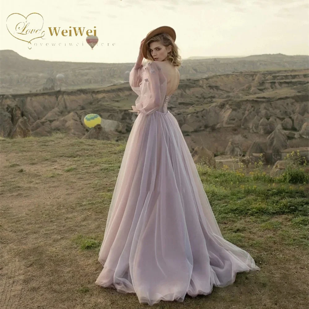 Vestido de baile Flower Applique, Vestidos de noite roxos, Querida Long Lantern Sleeves, Taro Roxo, 2022