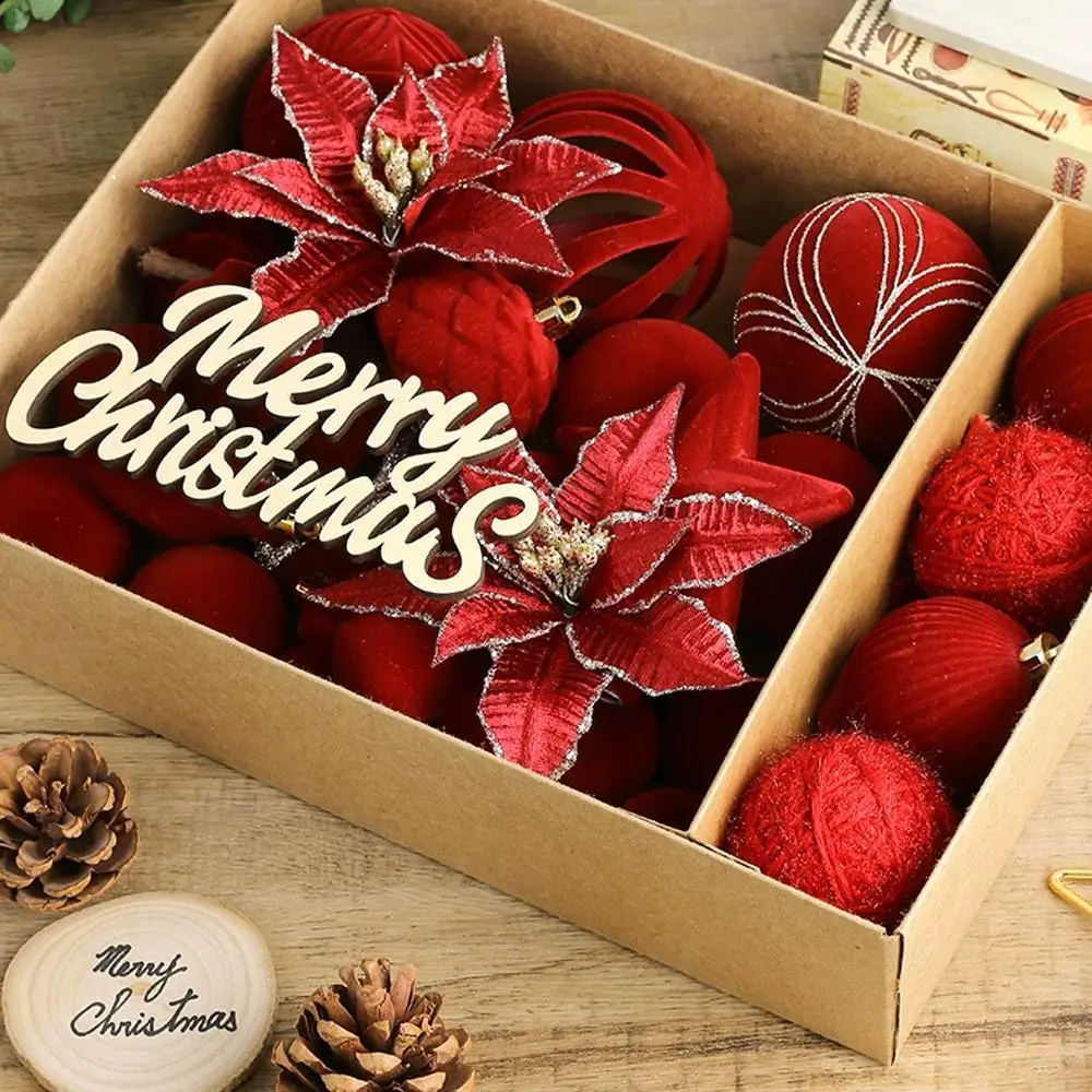 

36pcs Velvet Christmas Ball Ornaments Box Flocking Christmas Tree Party Decoration New Year Merry Christmas Flower Balls Pendant