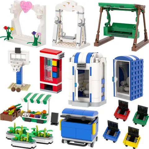MOOXI City Public Facilitie Swing Basketball Hoop Vending Machine Toilet Garbage Bin MOC Brick Building Block Set AssemblingGift
