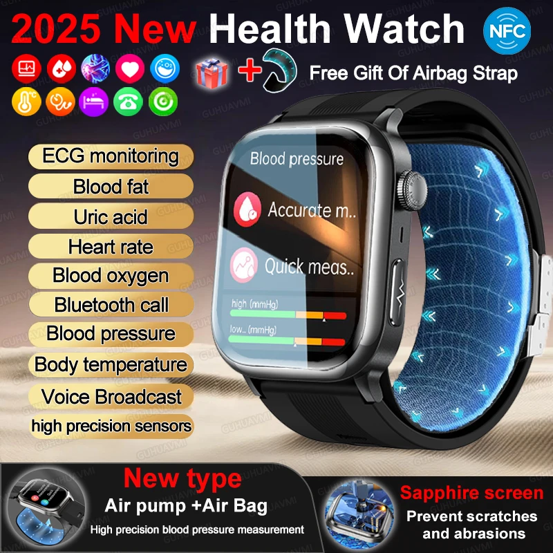 

2025 Health Grade New type Air pump +Air Bag Blood Pressure Smart Watch Men ECG Lipid Uric Acid AI Diagosis NFC SmartWatch Women